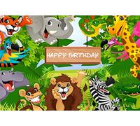 YongFoto 3x2m Sfondo Fotografico Buon compleanno Mondo degli animali Giraffe Zebra Lion Elephant Jungle Foresta Tre cartone animato Fondale Foto Festa Bambini Boby Nozze Adulto Partito Studio Puntelli