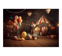 YongFoto 3x2m Sfondo fotografico Circo Colorato Palloncino Retro Tenda rossa Casa in legno Fotografia Sfondo Circo Decorazione Festa Carnevale Decorazione giostra Bambini Tessuto da fotografico