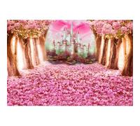 YongFoto 4,5x3m Vinile fondali fotografici Castello di fantasia Alberi di fiori rosa in fiore Petali Compleanno Nozze Sfondo foto Studio Fotografico Decorazione del Partito Fondale foto