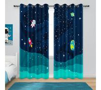 YONGFOTO Tenda Spazio per Camera Bambini Astronauta Razzo Pianeti Stelle Tende Oscuranti Cameretta Ragazzo con Occhielli Blu Marino 2 Pannelli 140 x 229 cm