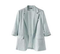 YONGHONGKEJI Blazer in Cotone E Lino da Donna Blazer A Maniche A 3/4 Giacca Cardigan da Ufficio con Bottoni E Tasca Capospalla Estivo per Lavoro Vacanza E Uso Quotidiano Azzurro Chiaro L