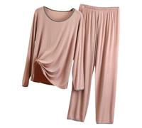YONGHONGKEJI Pigiama Donna Lungo Pigiama da Donna in Modal, Elasticizzato, A Maniche Lunghe, Pigiama da Notte, Pigiama da Notte, Due Pezzi, Comodi Pigiami e Set da Salotto, Colore Cachi L