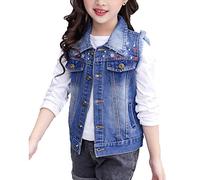 Yonglan Bambina Ricamato Casual Senza Maniche Giacca di Jeans Pulsante Giubbotti Slim Fit Blu 130