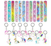 YONGQING 24 pezzi di bomboniere per feste a forma di unicorno, 12 pezzi di braccialetti a schiaffo unicorno + 12 portachiavi unicorno, forniture per feste di compleanno unicorno per bambini