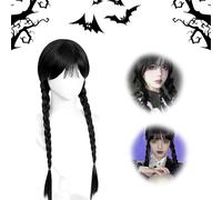 YongSral Parrucca Mercoledi A-ddams, Parrucca Mercoledi A-ddams Bambina, Parrucca Mercoledi A-ddams Wig, Parrucca Nera Doppia Intrecciata Lunga, Trecce Mercoledì A-ddams per Feste a Tema, Halloween