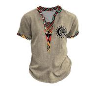 YongXinMY Camicia Henley da uomo in stile etnico con colletto alla coreana e bottoni, stile vintage, effetto invecchiato, per motociclisti, Marrone, S