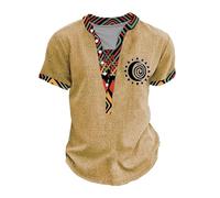 YongXinMY Camicia Henley da uomo in stile etnico con colletto alla coreana e bottoni, stile vintage, effetto invecchiato, per motociclisti, cachi, S