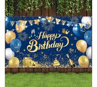 Yontree Banner di buon compleanno blu oro 1,8 x 1,1 m Happy Birthday Photo Sfondo Banner blu navy oro decorazioni di compleanno per uomini donne, compleanno anniversario forniture per feste