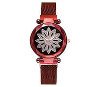 YONY Orologi da Donna con Fibbia Magnetica con Cielo Stellato alla Moda per Donna Orologio da Polso al Quarzo con Cintura in Maglia di Fiori da Donna-Rosso