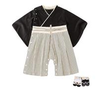 YOOCHUENG Body Neonato Tuta Kimono con Pagliaccetto Manica Lunga Kimono Giapponese per Neonati Cotone per Bambini Salopette per Bambini con 2 Paia di Calzini,Nero,95(Adatto a 24-36M)