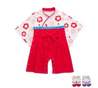 YOOCHUENG Body Neonato Tuta Kimono con Pagliaccetto Manica Lunga Kimono Giapponese per Neonati Cotone per Bambini Salopette per Bambine con 2 Paia di Calzini,Rosso,70(Adatto a 9-12M)