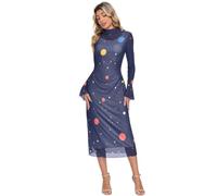 Yoogain Abito midi aderente elasticizzato moderno colorato rotondo pois | abito aderente manica lunga svasata collo finto increspato vestito da festa aderente per cena S