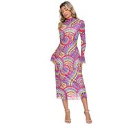 Yoogain Abito midi sexy in rete per le donne elastico colorato modello Boho | manica lunga svasata increspato abito aderente collo finto increspato dimagrante vestito per cena S
