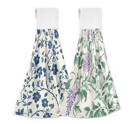 Yoogain Asciugamani da cucina con motivo a vite cinese blu e beige con anello per appendere le mani, set di due asciugamani per la punta delle dita per il bagno