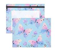 Yoogain Astuccio con cerniera, tasca a 3 fori per raccoglitori a 3 anelli, confezione da 2 pezzi, per studenti a casa, bella farfalla rosa-blu