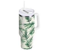 Yoogain Bicchiere isolato sottovuoto con coperchio in acciaio inox con motivo foglie di palma ad acquerello, bocca larga, 1,18 l, tazza da caffè per acqua, tè freddo o caffè