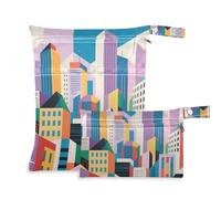 Yoogain Borsa bagnata per bambini con cerniera, confezione da 2 elementi essenziali da viaggio per volare con manici per fare il bagno (edifici colorati dei cartoni animat