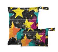Yoogain Borsa impermeabile riutilizzabile, confezione da 2 elementi essenziali da viaggio per volare con manici per piscina (giallo verde stelle Doodle Style Nero)