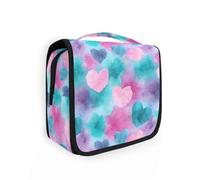 Yoogain Borsa per il trucco da donna con motivo a cuori di San Valentino con gancio per appenderla, borsa per il trucco trapuntata con scomparti e manico