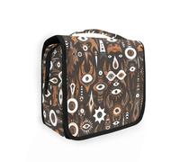 Yoogain Borsa per il trucco da viaggio marrone con mostri in stile marocchino bohémien per le donne con gancio per appendere elegante borsa cosmetica con scomparti e manico