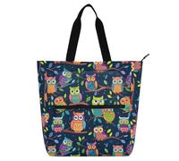 Yoogain Borsa per libri artistica per bambini, ragazzi e ragazze, motivo gufo dipinto a mano, impermeabile, borsa per la spesa e la spiaggia, con tasche con cerniera, per scuola e tempo di gioco