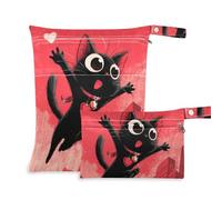 Yoogain Borse impermeabili per bambino Confezione da 2 sacchetti bagnati per costume da bagno con manici per spiaggia (Cartoon Style Happy Valentine Black Cat)