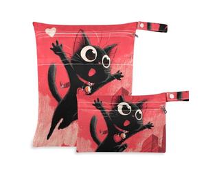 Yoogain Borse impermeabili per bambino Confezione da 2 sacchetti bagnati per costume da bagno con manici per spiaggia (Cartoon Style Happy Valentine Black Cat)