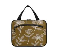 Yoogain Brown Line Flower Art appeso borsa trucco per il viaggio con gancio, designer impermeabile grande capacità trucco borsa per le signore toilette bolso de para mujer L, Arte floreale linea
