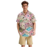 Yoogain Camicie da uomo a maniche corte con bottoni, motivo edificio rosa, per vacanze al mare e tempo libero, viaggi, S-3XL, Rosa edificio Vacanza Arte, M