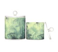 Yoogain Contenitori in plastica trasparente con albero verde della giungla tropicale per riporre con coperchio, elementi essenziali per il bagno, barattoli decorativi per filo interdentale, per cotton