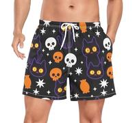 Yoogain Costume da bagno da uomo, pantaloncini da corsa foderati con tasche, pantaloncini da pallavolo, leggeri, Spettrale gatto nero teschio Halloween Star Pattern, XXL Short