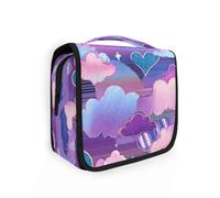 Yoogain Cuori Nuvole vaporwave stile blu viola borse cosmetiche da viaggio per le donne con gancio appeso Borsa snack impermeabile con scomparti e maniglia
