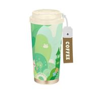 Yoogain Green Castle Safari - Bicchiere da caffè da viaggio con coperchio, tazza da caffè in acciaio inox, isolata per bevande calde e fredde, 500 ml, a prova di perdite
