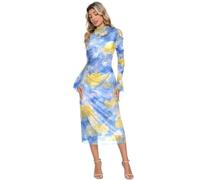 Yoogain Mesh Manica Lunga Abiti Midi Elastico Nuvola Blu Giallo | abito aderente manica svasata lungo abito tubino midi increspato collo finto per cena M