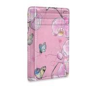 Yoogain Portafogli per carte di credito in pelle con fiore rosa orchidea del fumetto per le donne sottili con clip per soldi blocco RFID piccolo portafoglio per carte di credito per uomini e donne