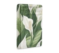 Yoogain Portafoglio da uomo con tasca frontale sottile in pelle bianca con fiori di giglio della pace con foglie verdi con slot per contanti blocco RFID piccolo portafoglio per carte da donna per