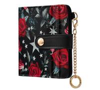 Yoogain Portafoglio pieghevole da donna in pelle PU con stelle argentate e rose rosse, per uomo e donna