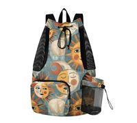 Yoogain Sacca da spiaggia vintage con sole e luna, retro giallo, blu, con coulisse e tasche interne, separazione asciutta e bagnata
