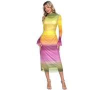 Yoogain Vestito aderente midi in rete elastico colorato sfumato movimento | abito aderente elasticizzato manica svasata lunga abito a tubino increspato con maniche per cena L