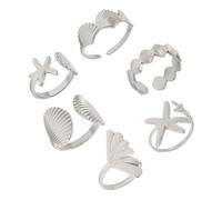 Yooghuge 6PCS Hot Day Beach Holiday Jewelry Open Joint Rings Starfish Shell Design Robusto Lega Anelli Regolabili Set Regalo Lega Resistente Allergia Impilabile, Misura unica, come descritto, come