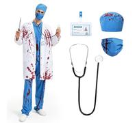 YOOHBERRYS Costume Zombie Medico Uomo, Costumi Medico Halloween Horror, Vestito Chirurgo Adulto con Camice da Medico, Maglia, Pantaloni, Cappello, Maschera, Stetoscopio, Coltello Finto e Tesserino