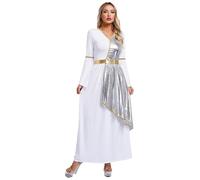 YOOJIA Costume da dea antichità da donna, vestito cosplay atena mitologia Halloween a maniche lunghe in chiffon tuge di afrodite romana, per mascherata, argento, L