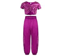 YOOJIA Gioco Di Ruolo Carnevale Bambini Ragazze 2 Abiti Raso Stile Indiano Top E Pantaloni In Ombilicale Stampa Floreale Metallo Abiti Di Halloween 5-16 Anni Viola 11-12 anni