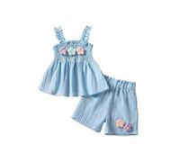 YOOJIA Set fotografico per feste in tinta unita per neonata, vestito estivo, 2 pezzi, stampa floreale 3D, abito con spalline pieghettate, pantaloncini da spiaggia 0-4 anni, Azzurro, 2-3 Anni