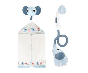 Yookidoo Soffione doccia per bambini, pompa dell'acqua dell'elefante con risciacquo dell'ugello del bagagliaio, controlla il flusso d'acqua da 2 manopole per il massimo divertimento (blu)