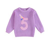 Yoolhamy Maglione di Compleanno della neonata a Maniche Lunghe Lavorato a Maglia Pullover Felpa con Lettera Ricamo Maglieria per Bambino Casual Vestiti Invernali per Bambini, Viola, 5-6 Anni