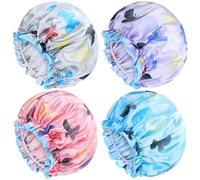 Yoosit Confezione da 4 grandi cuffie impermeabili da doccia in raso, regolabili, foderate in tessuto setoso, protezioni per capelli per donne e ragazze (colore farfalla)