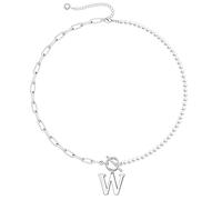 Yoosteel Collana con iniziali di perle da donna, delicata catena di perle girocollo con iniziale collane per donne chiusura a levetta fermacarte collana a catena gioielli regali, Ottone, Nessuna