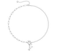 Yoosteel Collana con iniziali di perle da donna, delicata catena di perle girocollo con iniziale collane per donne chiusura a levetta fermacarte collana a catena gioielli regali, Ottone, Nessuna