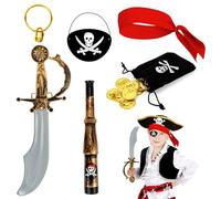 Yooyan 7 pezzi costume da pirata per bambini, costume da pirata, cosplay, sciabola + lembo oculare con teschio + sacchetto portamonete + orecchino + bandana pirata + binocolo pirata, per Natale